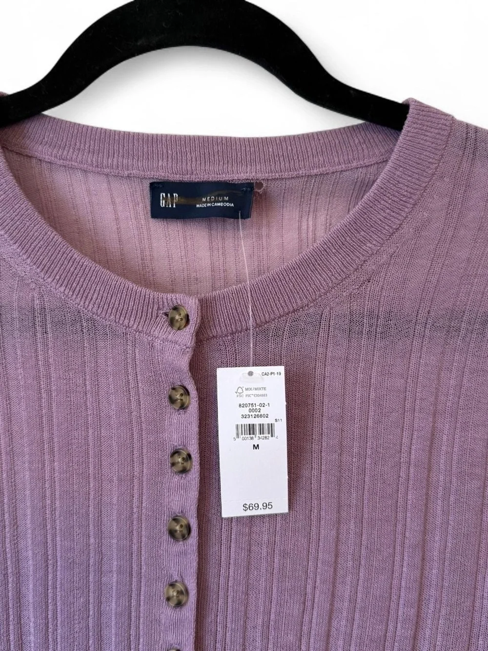 GAP Ribbed Henley Long Sleeve Top in amethyst purple sheer